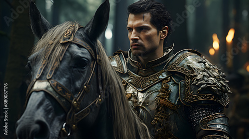 A knight in ornate armor, mounted on a majestic warhorse, stands in a dimly lit forest, his gaze fixed with determination as he prepares for battle.