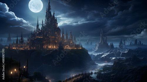 A majestic castle perched atop a craggy peak. Torches illuminate its imposing facade against a backdrop of a full moon and a star-studded night sky.