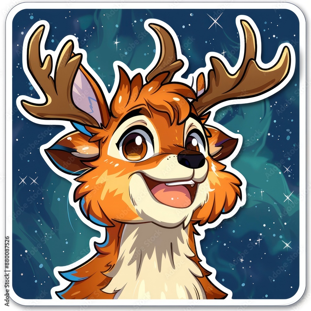 Obraz premium cute happy deer with brown eyes, sticker, space background, circular, galaxy, white borders, white highlights, contrast, vibrant brown and white fur