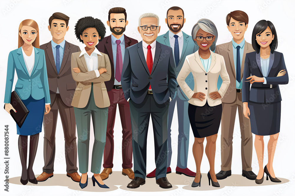 Fototapeta premium Diverse business team illustration featuring various ages, races, and body types in office attire, showcasing multicultural corporate unity, isolated on a white background.
