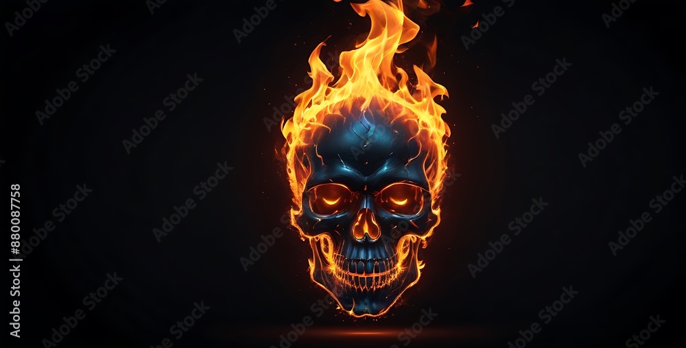 Skull concept, copy space with dark background, fire effect Skull concept, copy space with dark background, fire effect