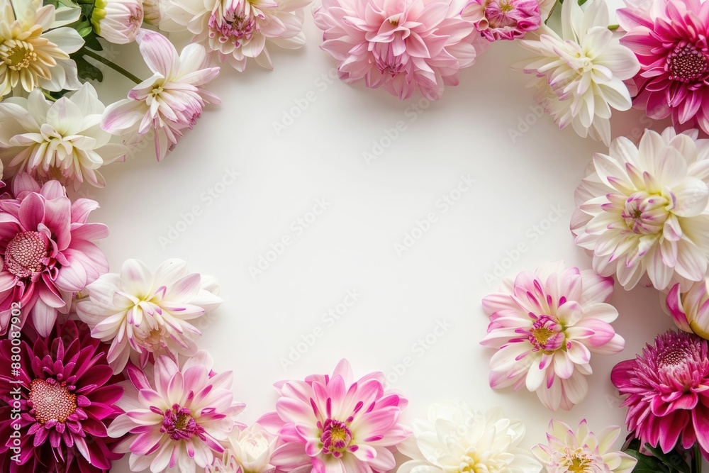 Pink and white dahlia flowers arranged in a circle on a white background as a symbol of beauty and elegance Pink and white dahlia flowers arranged in a circle on a white background as a symbol of beauty and elegance