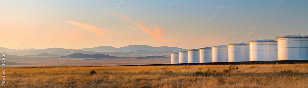 Panoramic view of large industrial storage tanks in a vast, dry landscape with mountains and a beautiful sky in the background at sunset. Panoramic view of large industrial storage tanks in a vast, dry landscape with mountains and a beautiful sky in the background at sunset.
