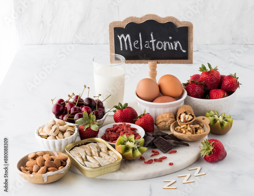 Obraz na plátně An arrangement of assorted foods high in the nutrient melatonin.