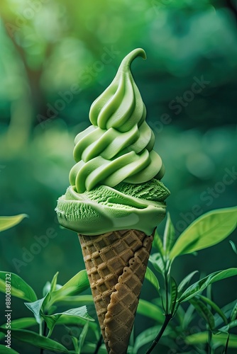 Scrumptious matcha green tea soft serve ice cream cone surrounded by lush foliage photo