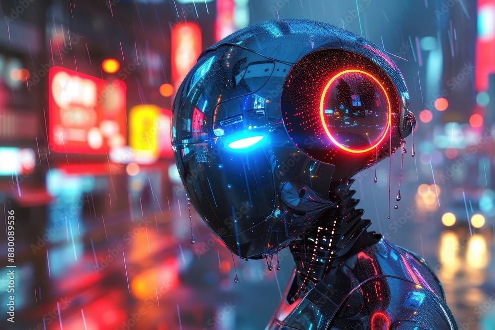 Sleek humanoid droid in a neon cityscape. Sleek humanoid droid in a neon cityscape.