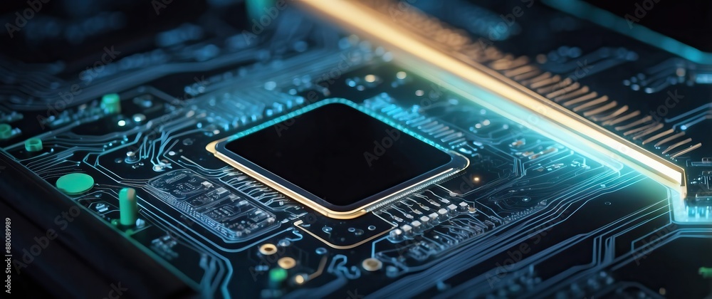 Fototapeta premium Close up of an illuminated microchip on a motherboard, showcasing advanced technology and innovation, perfect for tech industry and computing concepts