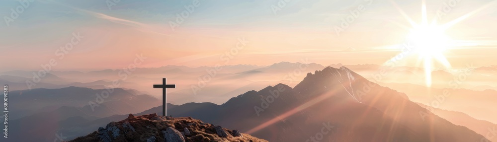 Scenic mountain landscape with a cross, bathed in sunrise light with misty valleys and serene sky creating a calm and spiritual atmosphere. Scenic mountain landscape with a cross, bathed in sunrise light with misty valleys and serene sky creating a calm and spiritual atmosphere.