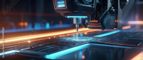 Futuristic CNC machine in action, highlighting high tech precision and automation  Ideal for themes of innovation, manufacturing, and advanced technology