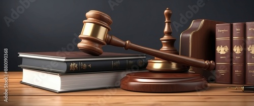 Gavel and legal books on wooden desk represent justice, law, and courtroom concepts  Ideal for legal, regulatory, and judicial system themes photo