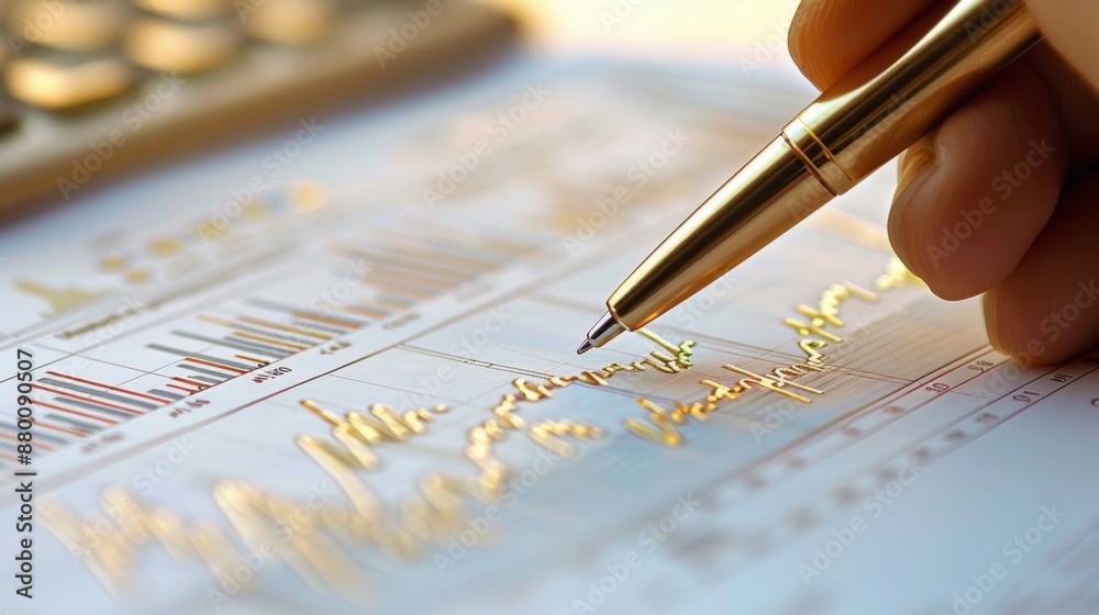 A close-up of a hand holding a pen pointing at a gold price graph on paper. A close-up of a hand holding a pen pointing at a gold price graph on paper.