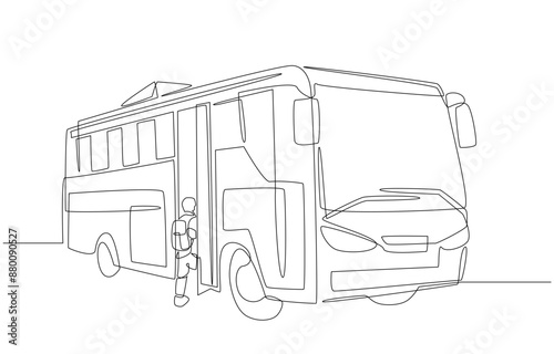 Continuous one line drawing of student walking into school bus, go to school concept, single line art.