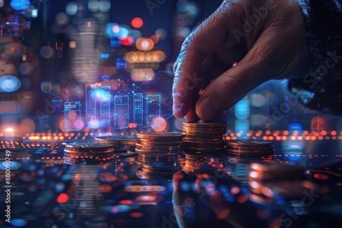 closeup hand, Businessman sorting coins, Overlay with line data hologram and city background