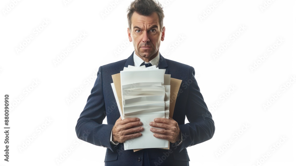 Close-up of a businessman holding a stack of documents and looking busy, wearing a navy suit and tie, standing in front of a white background, Portrait half-body, hyper-realistic, high detail, Close-up of a businessman holding a stack of documents and looking busy, wearing a navy suit and tie, standing in front of a white background, Portrait half-body, hyper-realistic, high detail,