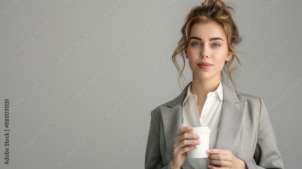 Close-up of a businesswoman holding a cup of coffee and looking relaxed, wearing a grey blazer and white blouse, standing in front of a light grey background, Portrait half-body, hyper-realistic, Close-up of a businesswoman holding a cup of coffee and looking relaxed, wearing a grey blazer and white blouse, standing in front of a light grey background, Portrait half-body, hyper-realistic,
