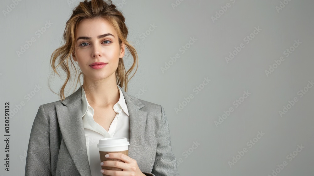 Close-up of a businesswoman holding a cup of coffee and looking relaxed, wearing a grey blazer and white blouse, standing in front of a light grey background, Portrait half-body, hyper-realistic, Close-up of a businesswoman holding a cup of coffee and looking relaxed, wearing a grey blazer and white blouse, standing in front of a light grey background, Portrait half-body, hyper-realistic,