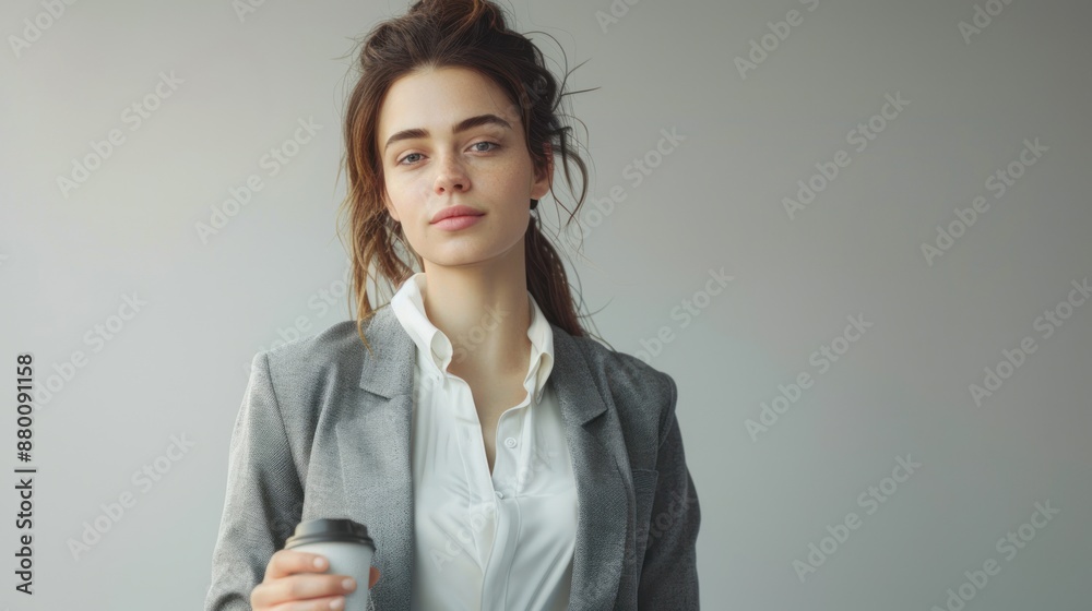 Close-up of a businesswoman holding a cup of coffee and looking relaxed, wearing a grey blazer and white blouse, standing in front of a light grey background, Portrait half-body, hyper-realistic, Close-up of a businesswoman holding a cup of coffee and looking relaxed, wearing a grey blazer and white blouse, standing in front of a light grey background, Portrait half-body, hyper-realistic,