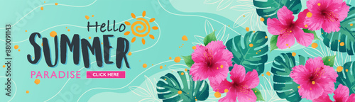 Hello summer banner decorated with hibiscus flowers and tropical leaves on light green abstract background. Template for fashion ads, horizontal poster, graphic print, website and social media