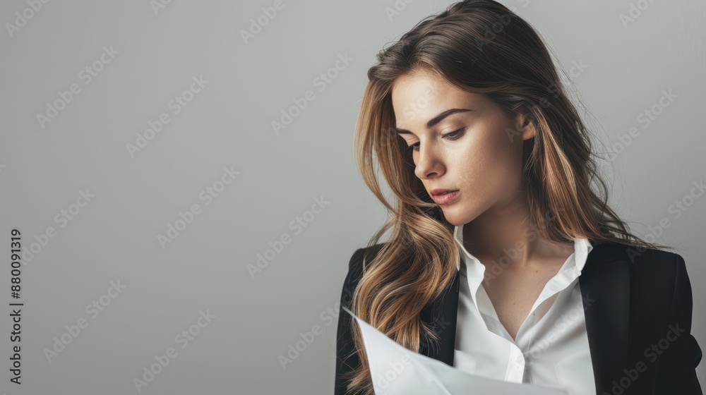 Close-up of a businesswoman reading a report and looking thoughtful, wearing a white blouse and black blazer, standing in front of a light grey background, Portrait half-body, hyper-realistic, high Close-up of a businesswoman reading a report and looking thoughtful, wearing a white blouse and black blazer, standing in front of a light grey background, Portrait half-body, hyper-realistic, high