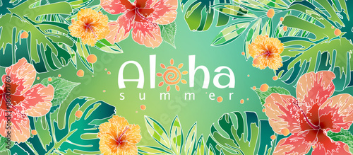 Aloha summer banner in batik style decorated with hibiscus flowers and tropical leaves on green background. Template for fashion ads, horizontal poster, graphic print, website and social media