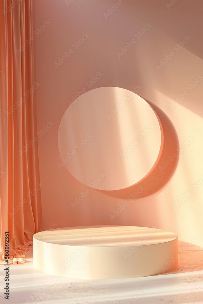 Minimalistic peach podium with curtain and circular backdrop Minimalistic peach podium with curtain and circular backdrop