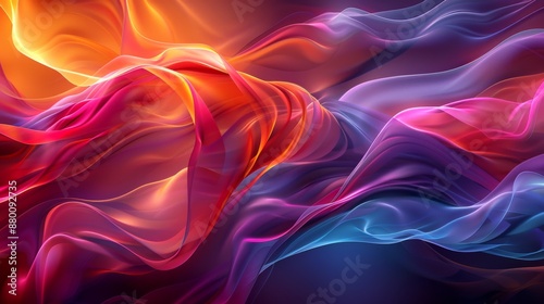 Smooth, fluid like 3D shapes intertwining in a dynamic dance of color and light. Generative AI
