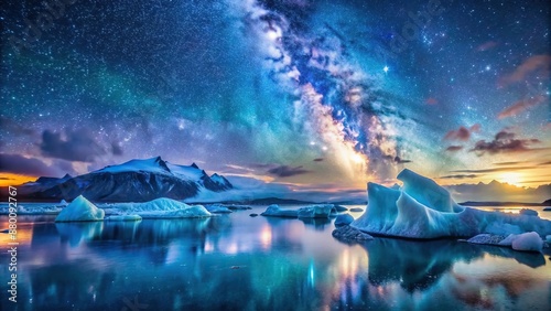 An iceberg at night at sea stars Milky Way aurora borealis in the sky starry sky Ice Iceland Landscape Polar Landscape , Landscape, Milky, Iceland, Landscape, borealis, night, Polar