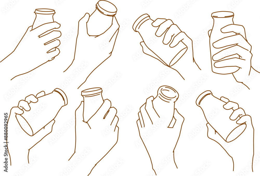 Fototapeta premium set of hands holding yogurt bottle on white background