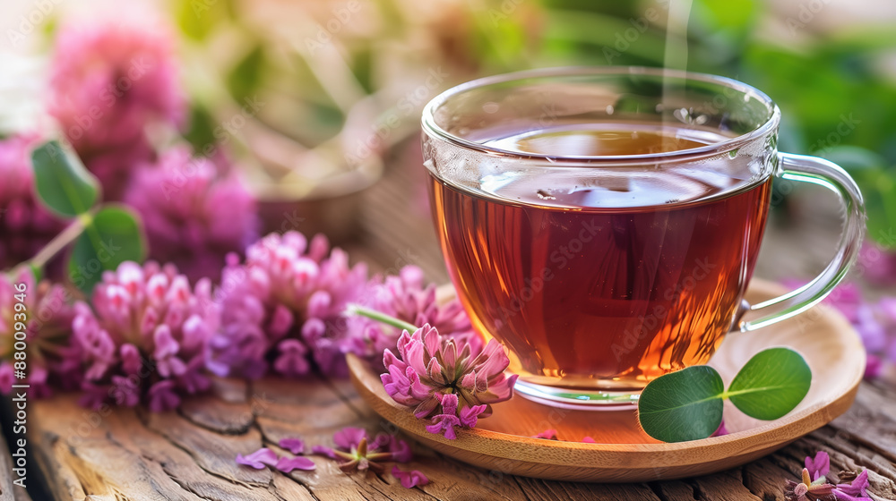 Close-Up of Red Clover Tea in Serene Natural Health Setting with Healthy Concept, Fresh Herbal Tea with Red Clover Flowers, Natural Wellness Background Close-Up of Red Clover Tea in Serene Natural Health Setting with Healthy Concept, Fresh Herbal Tea with Red Clover Flowers, Natural Wellness Background