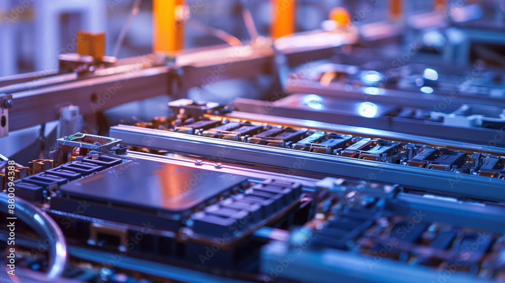 Mass production assembly line of electric vehicle battery cells close-up view Mass production assembly line of electric vehicle battery cells close-up view