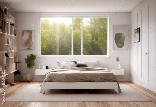 bedroom 3d small furnished wooden modern bed and minimal teenage white overlooks floor work table render bedchamber window room cabinet view brown nature frame photo