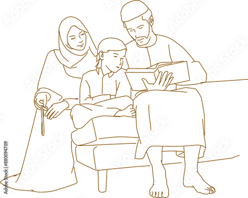 young muslim family reading quran during ramadan