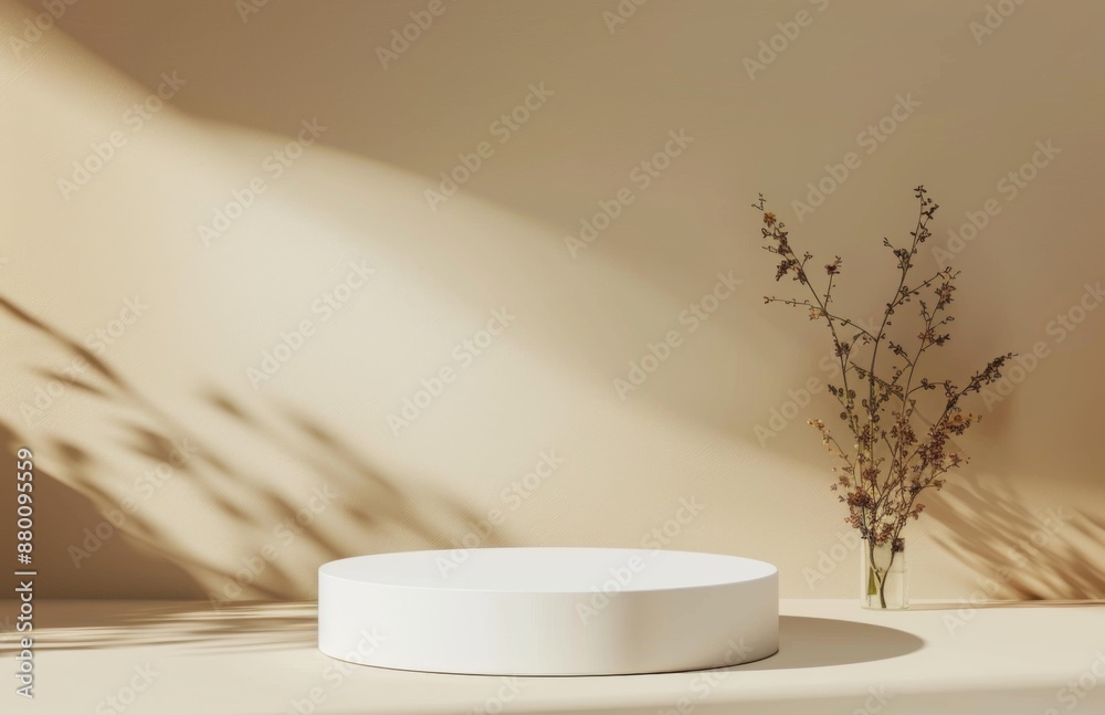 Minimalist White Round Podium on Beige Terrazzo Background - Cosmetic Product Display Minimalist White Round Podium on Beige Terrazzo Background - Cosmetic Product Display
