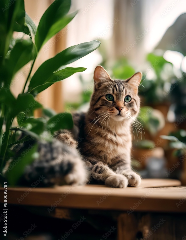 for stylish leaves sitting space green branches boho relaxing room cute looking cat maine wooden lf branch sitting emotions text eyes zamioculcas coon cat plant funny  