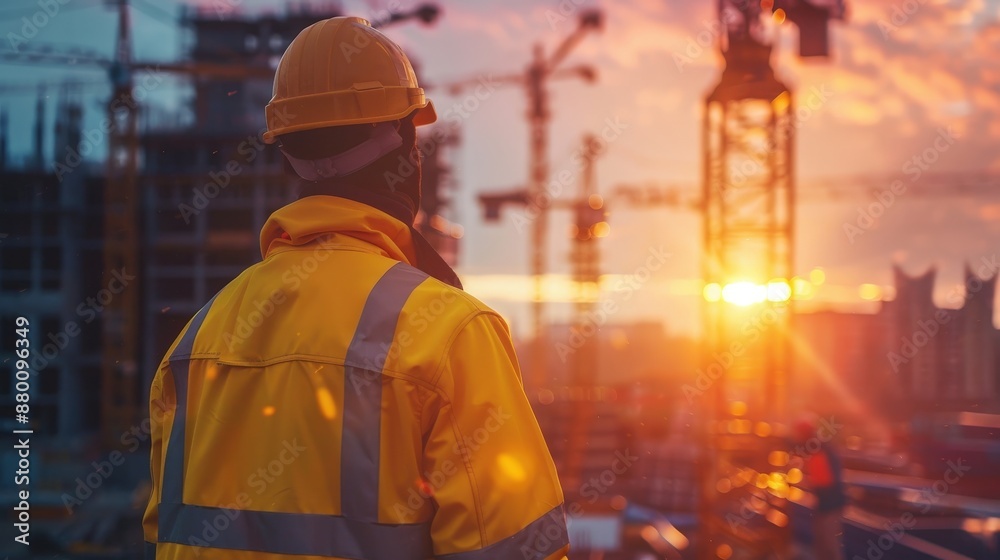 A construction worker in safety gear observes a building site at sunset, with cranes silhouetted against the colorful sky. A construction worker in safety gear observes a building site at sunset, with cranes silhouetted against the colorful sky.
