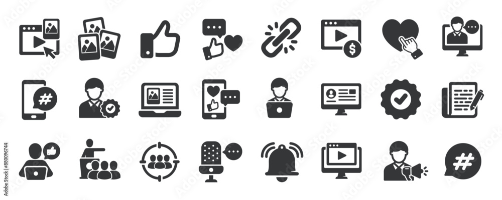 Influencer glyph solid icons collection. Containing content creator, blogger, social media, ambassador. For website marketing design, logo, app, template, ui, etc. Vector illustration. Influencer glyph solid icons collection. Containing content creator, blogger, social media, ambassador. For website marketing design, logo, app, template, ui, etc. Vector illustration.