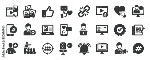 Influencer glyph solid icons collection. Containing content creator, blogger, social media, ambassador. For website marketing design, logo, app, template, ui, etc. Vector illustration.