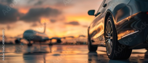 A luxury car providing airport transfer services, parked near an airplane at sunset, highlighting seamless travel experiences.

