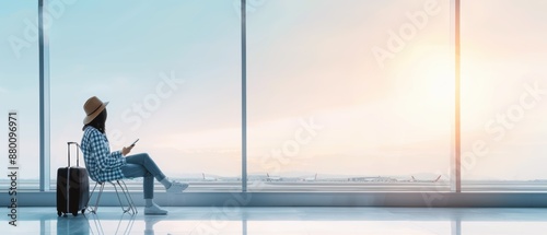 Tourists sit in front of large windows at the airport terminal, looking out at the runway while checking their phones. Tourists are wearing casual travel clothes and hats, with copy space