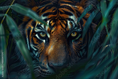 Tiger peers through dense foliage with intense stare photo