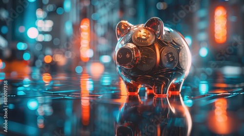 A transparent piggy bank filled with Bitcoin coins, set against a vibrant, futuristic digital cityscape with glowing lights.