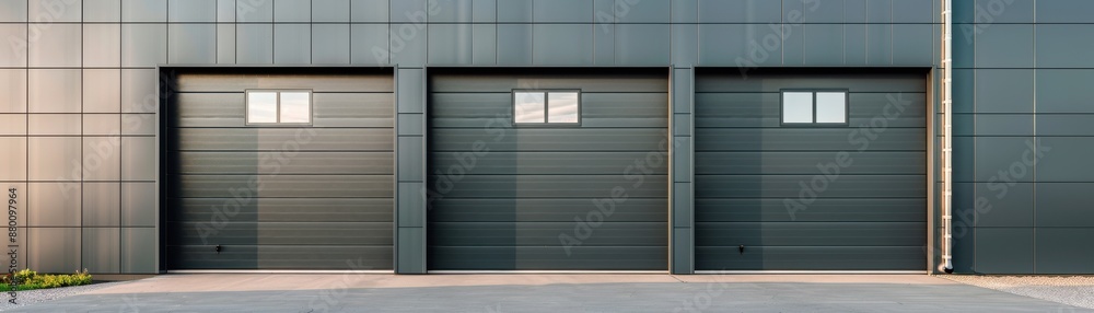 Fototapeta premium Three industrial garage doors in a modern commercial building, showcasing a sleek and contemporary architectural design.
