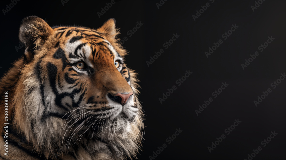 Obraz premium サイベリアンタイガーの顔をクローズアップした黒背景のポートレート風リアルイラスト