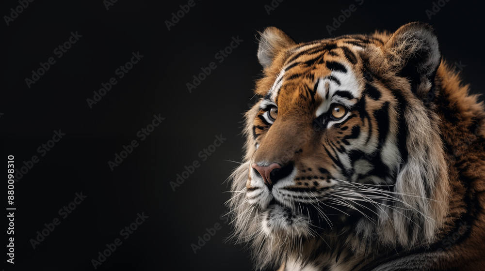 Fototapeta premium サイベリアンタイガーの顔をクローズアップした黒背景のポートレート風AI生成画像