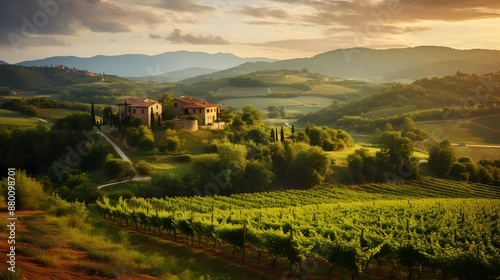 Panoramic view of Tuscan countryside with vineyard in Italy
