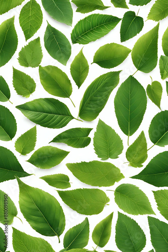 A vibrant collection of various green leaves arranged neatly on a white background. This high-resolution image showcases an array of leaf shapes and sizes, highlighting the diversity and beauty of nat