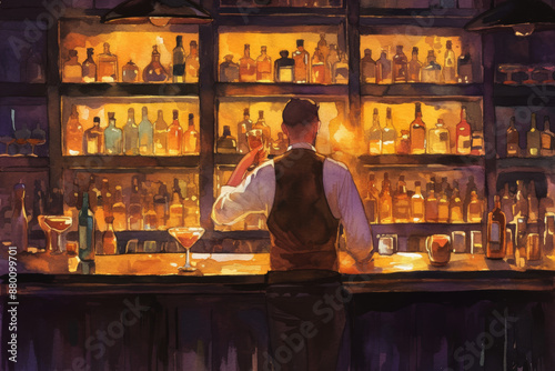 Elegant Bartender in Vintage Bar Preparing Drinks in a Warm Ambiance