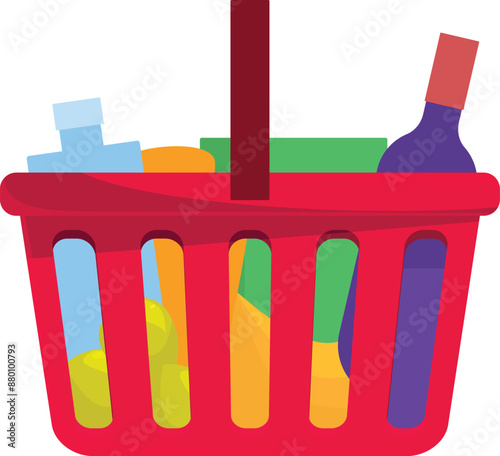 Red shopping basket is holding various groceries including a bottle of wine and fresh produce