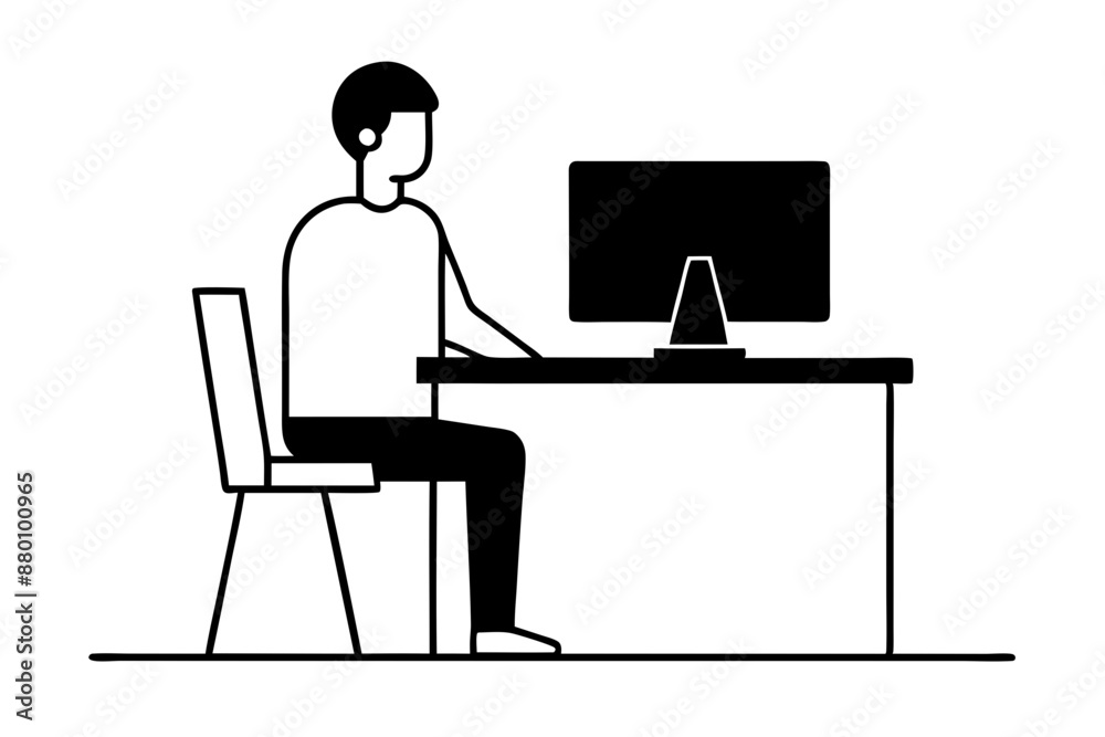 A man working on computer in office room silhouette vector line art illustration A man working on computer in office room silhouette vector line art illustration