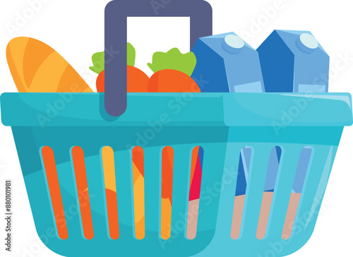 Blue shopping basket full of food and drink, representing the concept of grocery shopping and consumerism